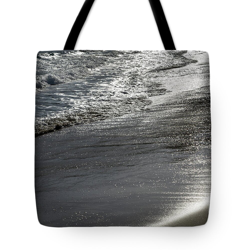 Sandy Beach Tote Bag featuring the photograph Silver sea water meets sand 2, Mediterranean coast by Adriana Mueller