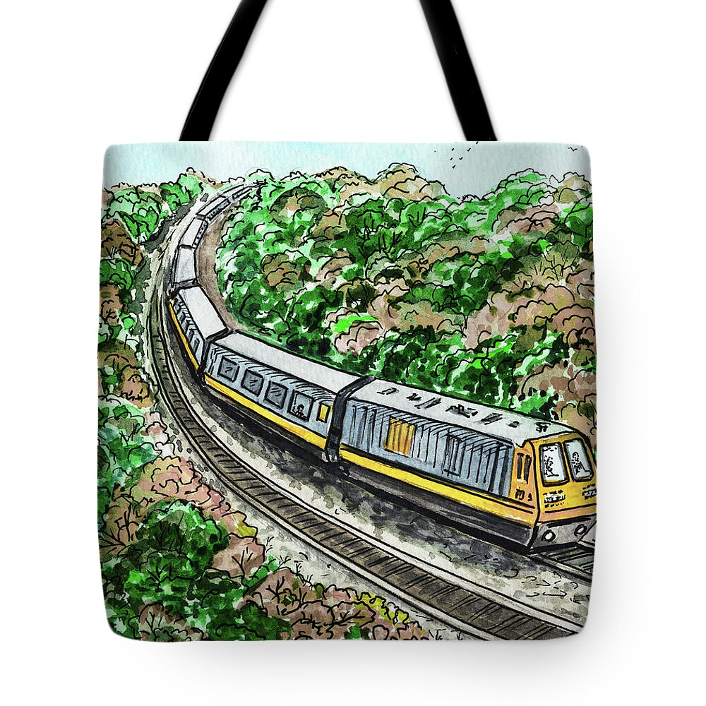 Train Tote Bag featuring the painting Silver Yellow Train Railway Through The Trees Watercolor by Irina Sztukowski