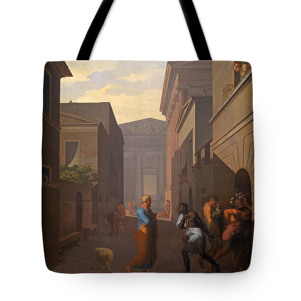 Nicolai Abildgaard Tote Bag featuring the painting Simo and his former slave Sosia. From Terence's Andria by Nicolai Abildgaard