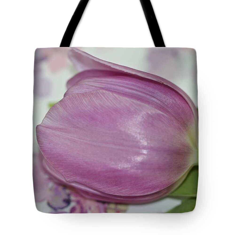 Tulip Tote Bag featuring the photograph Single Tulip on Floral Plate No. 4520 by Sherry Hallemeier