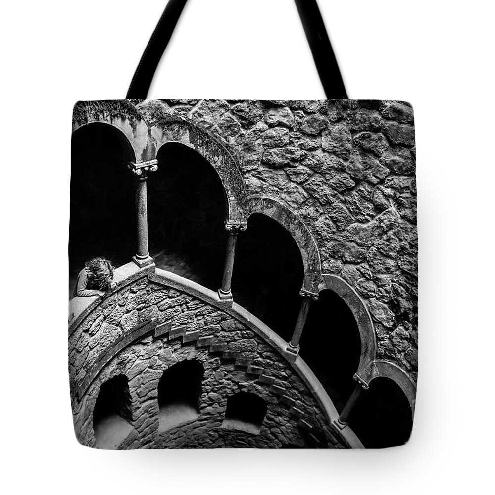 Black And White Tote Bag featuring the photograph Sintra Tower by Naomi Maya
