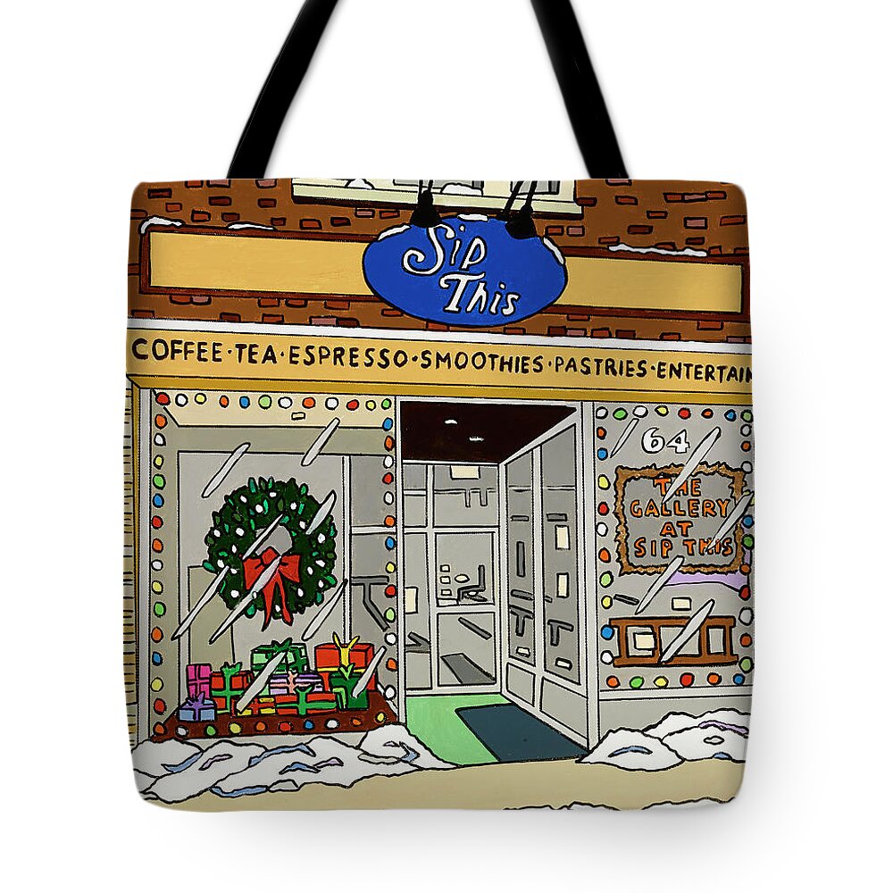 Sip This Coffee House Valley Stream Tote Bag featuring the painting Sip This by Mike Stanko