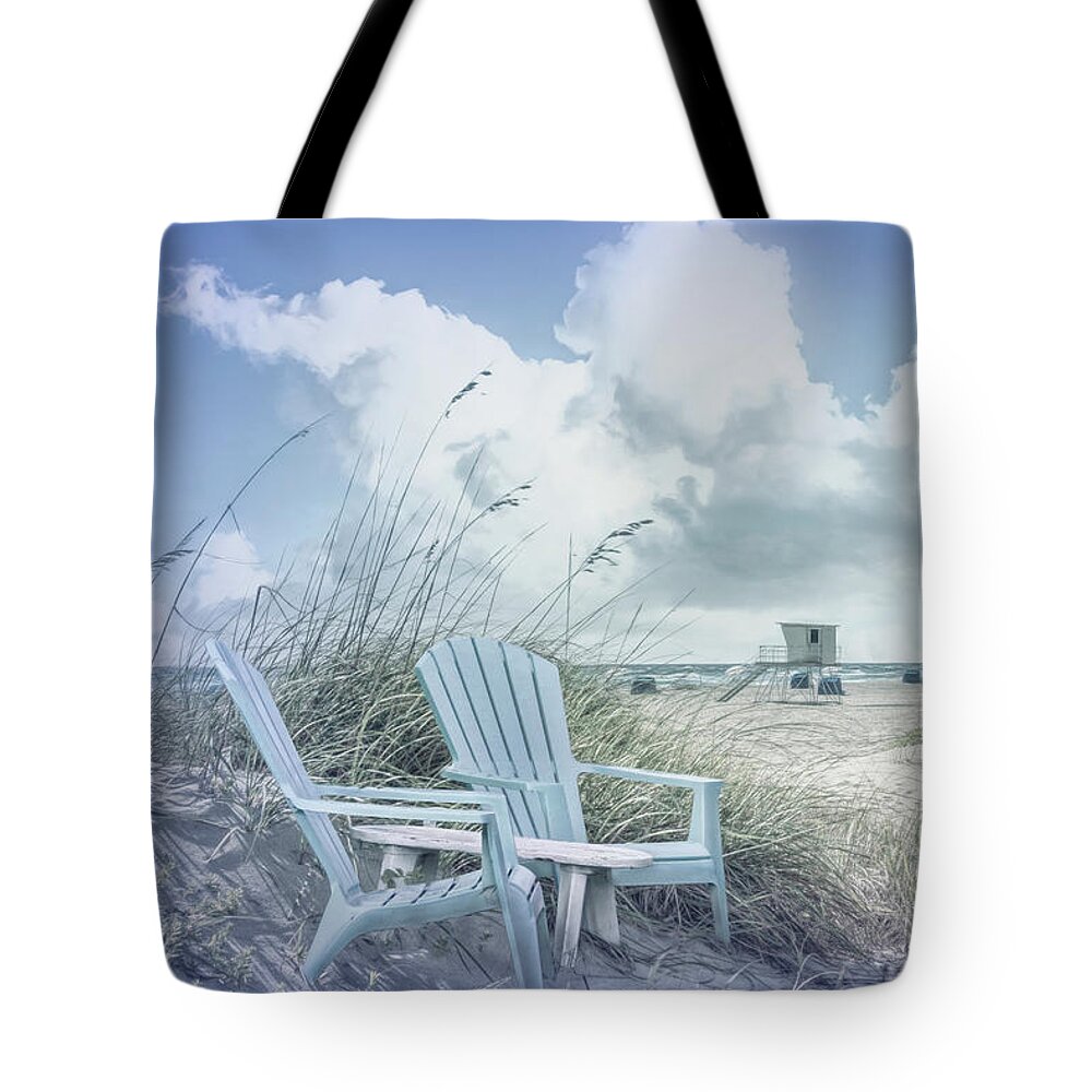 Clouds Tote Bag featuring the photograph Sitting on the Beach Dunes in a Hint of Colors by Debra and Dave Vanderlaan