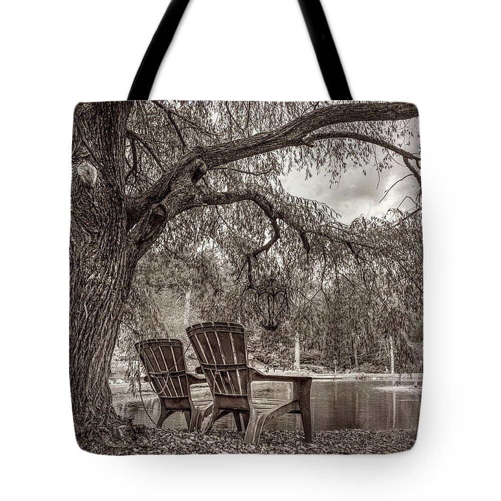 Barns Tote Bag featuring the photograph Sitting on the Edge of the Pond in Vintage Sepia tones by Debra and Dave Vanderlaan