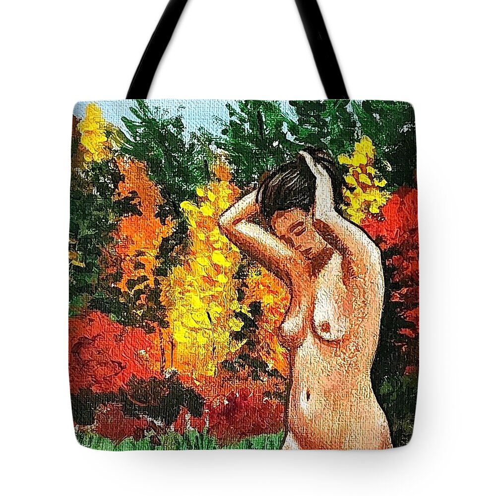  Tote Bag featuring the painting Skinny Dipping in Walden pond by James RODERICK