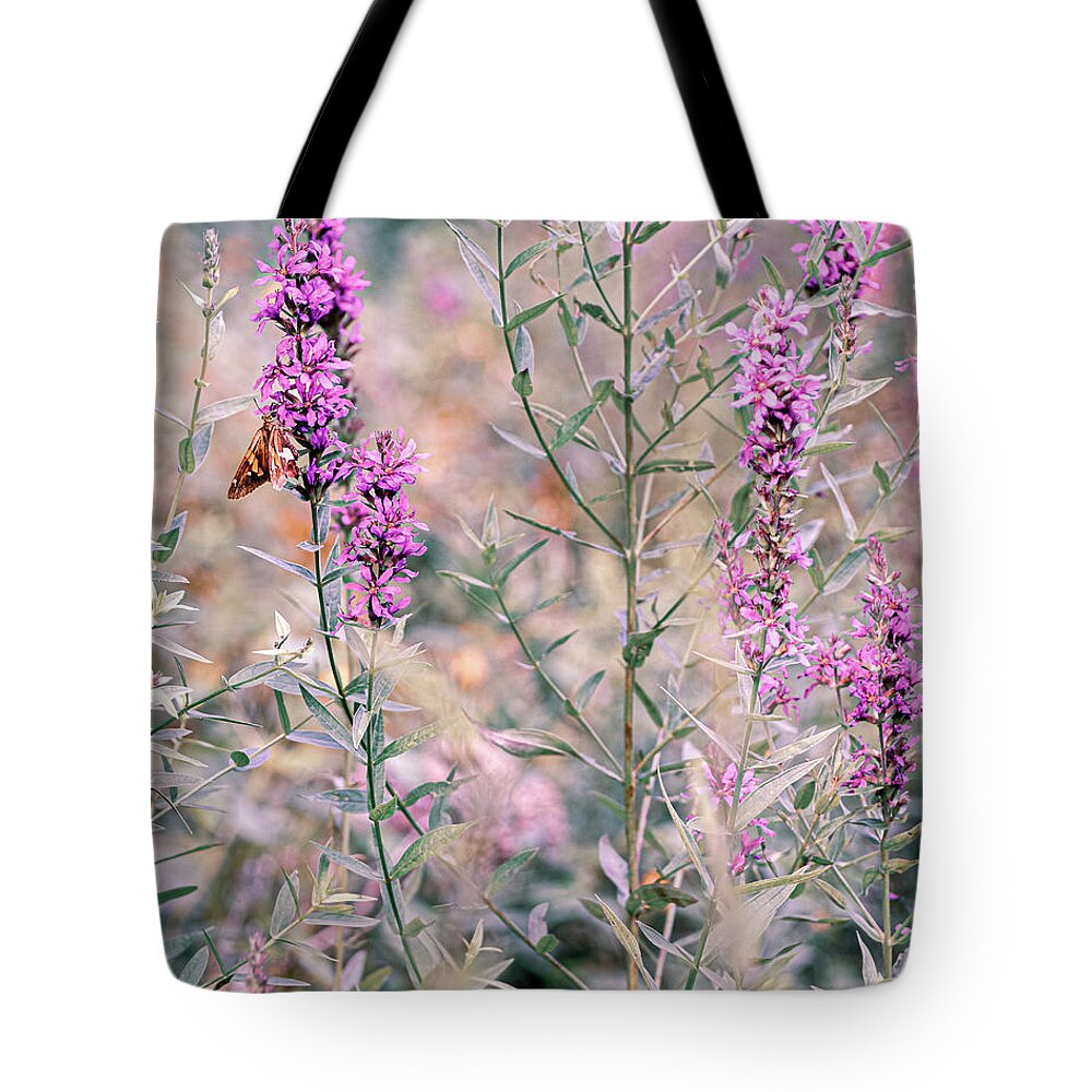 Purple Tote Bag featuring the photograph Skipper and Loosestrife by Marianne Campolongo