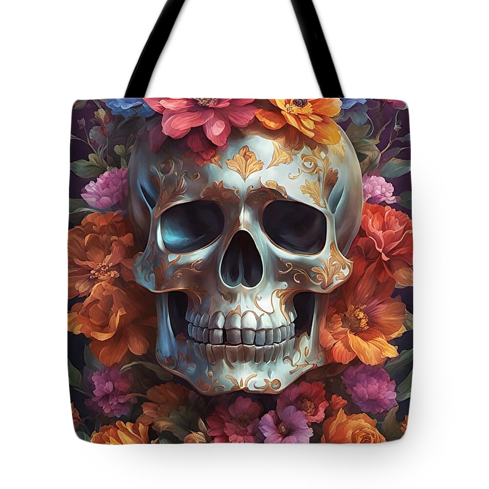 Skull Tote Bag featuring the photograph Skull and Flowers by Cate Franklyn