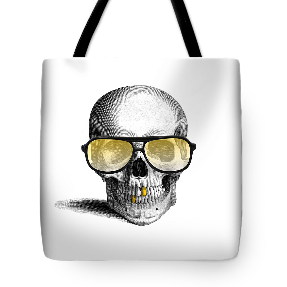 Gold Teeth Tote Bag featuring the digital art Skull with gold teeth and sunglasses by Madame Memento