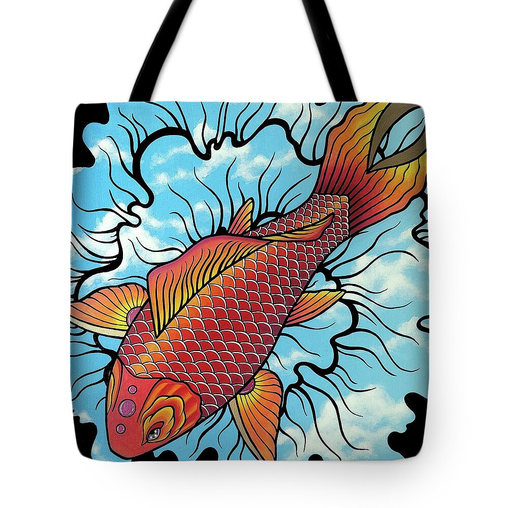 Thought Flower Koi Fish Sky Blue Bold Gold Tote Bag featuring the painting Sky Koi by Bryon Stewart