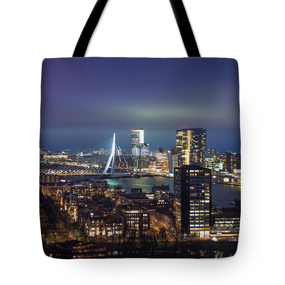 Blue Hour Tote Bag featuring the photograph Skyline Rotterdam when the night falls. by Patrick van Os