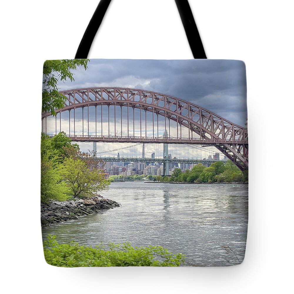 Astoria Park Tote Bag featuring the photograph Slate Grey Sky and Hell Gate Bridge by Cate Franklyn