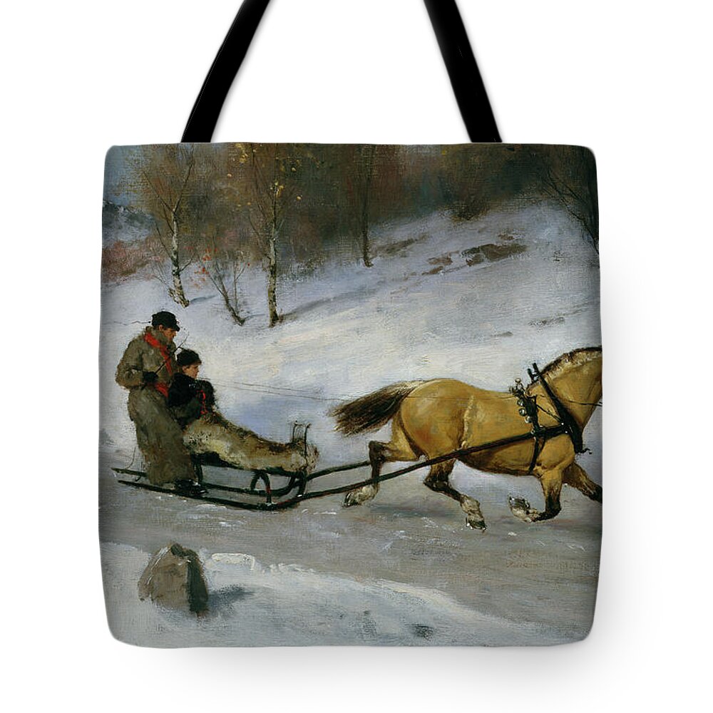 Axel Ender Tote Bag featuring the painting Sledge ride, 1889 by O Vaering by Axel Ender