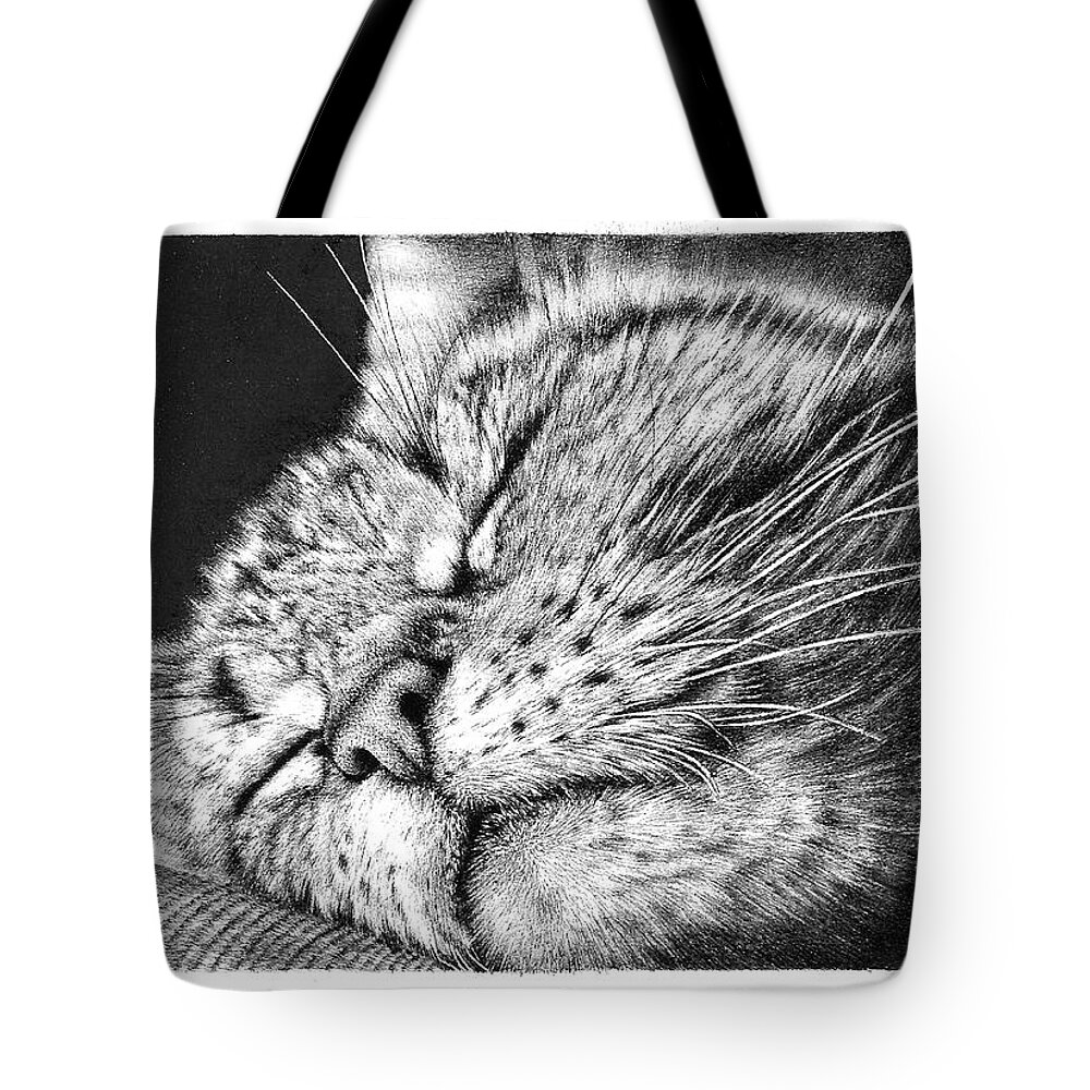 Cat Tote Bag featuring the drawing Sleeping Cat by Casey 'Remrov' Vormer