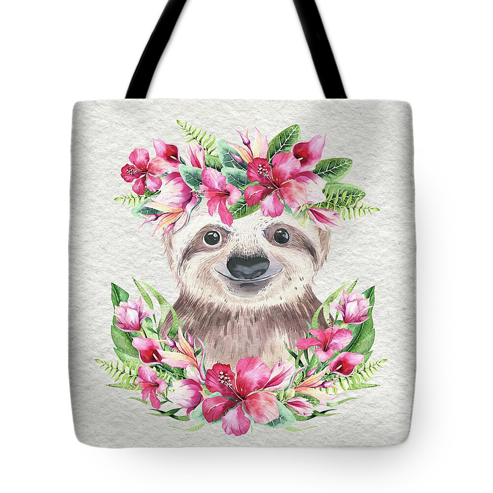 Sloth With Flowers Tote Bag featuring the painting Sloth With Flowers by Nursery Art
