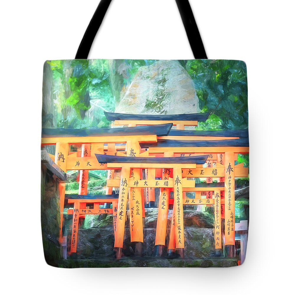 Torii Tote Bag featuring the photograph Small Torii Gates Kyoto Japan Artistic by Joan Carroll