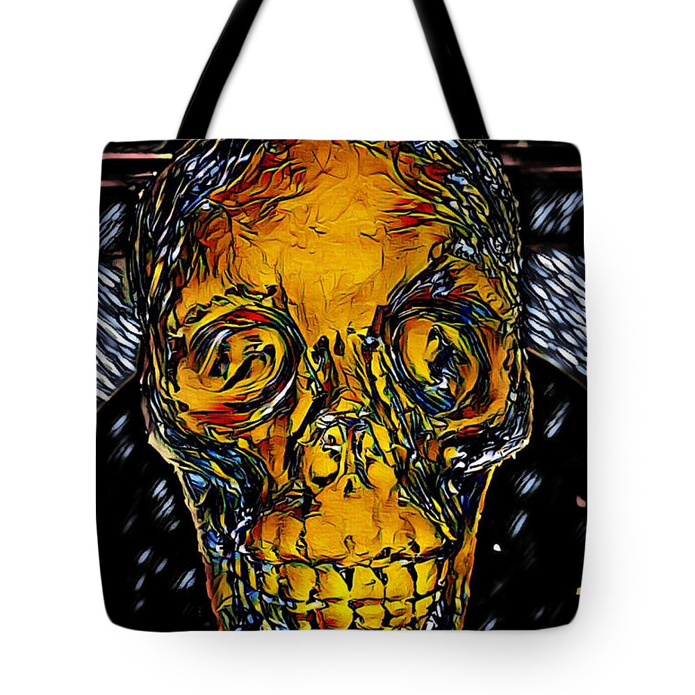 Skull Tote Bag featuring the mixed media Smiling Skull by Ally White