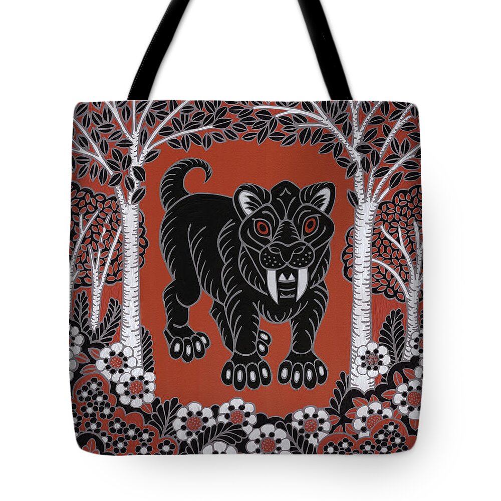 Prehistoric Mammal Tote Bag featuring the painting Smilodon. Landscape by Amy E Fraser
