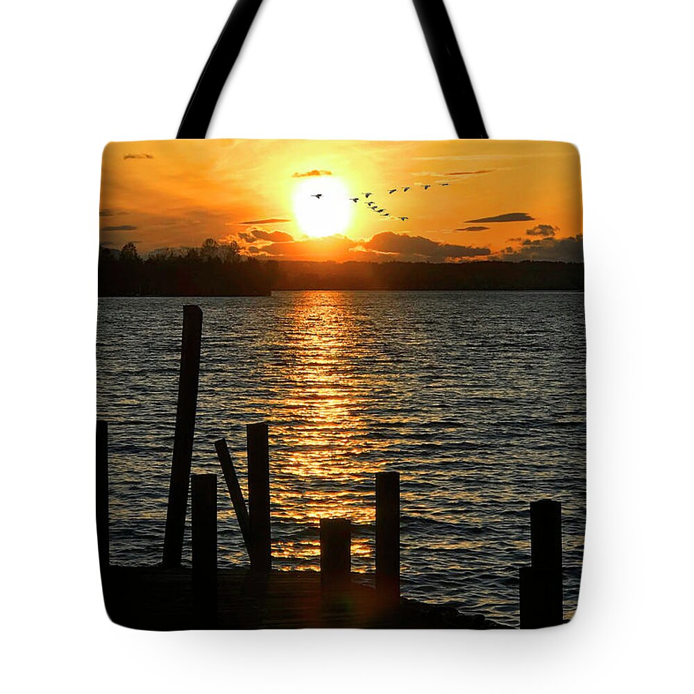 Smith Mountain Lake Tote Bag featuring the photograph Smith Mountain Lake Sunset Geese by The James Roney Collection