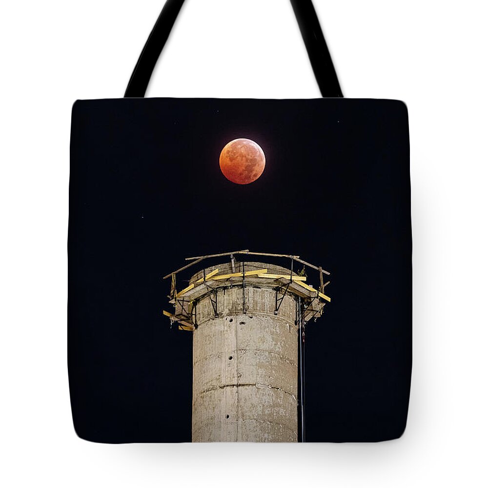 Eclipse Tote Bag featuring the photograph Smokestack Lunar Eclipse by Tony Hake