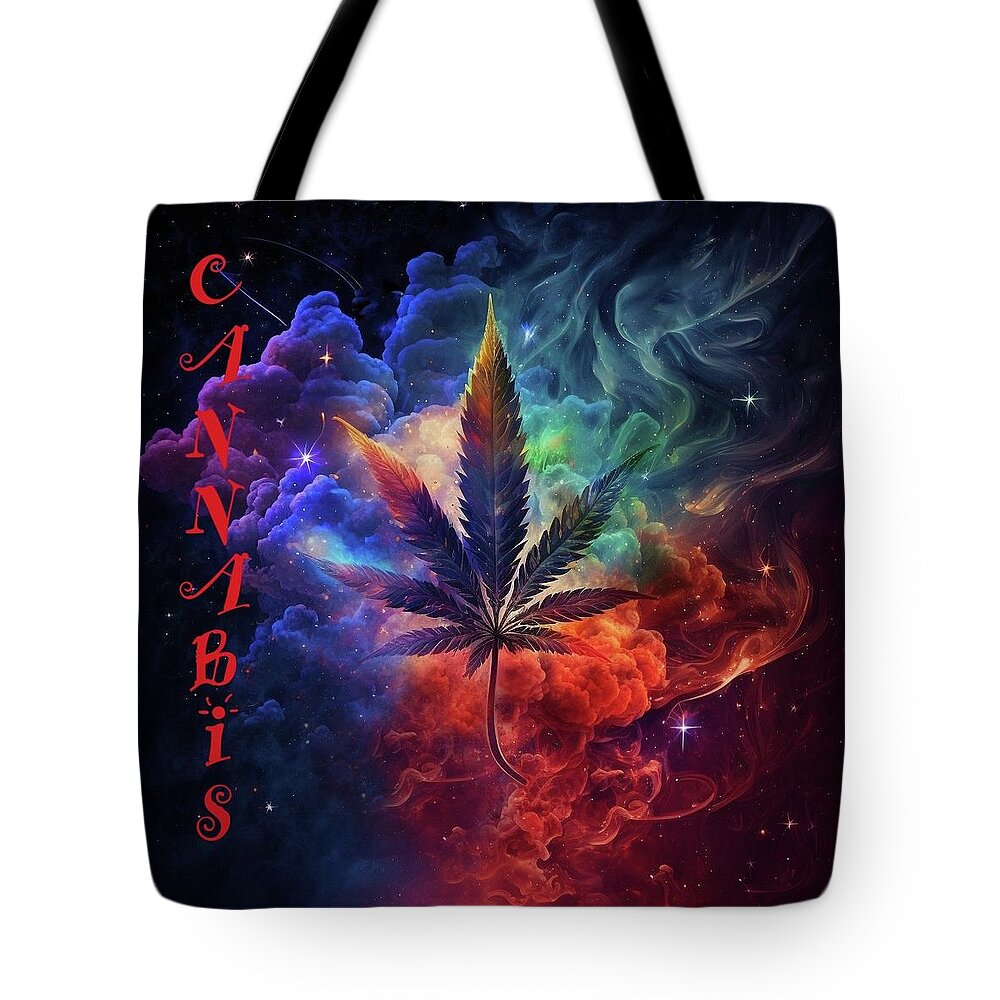 Smoking Tote Bag featuring the digital art Smokin' Cosmic Cannabis by Angie Tirado