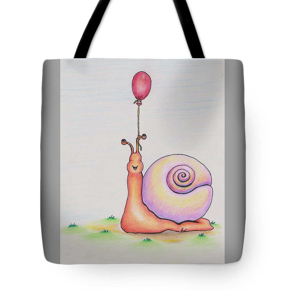 Snail Tote Bag featuring the drawing Snail With Red Balloon by Vicki Noble