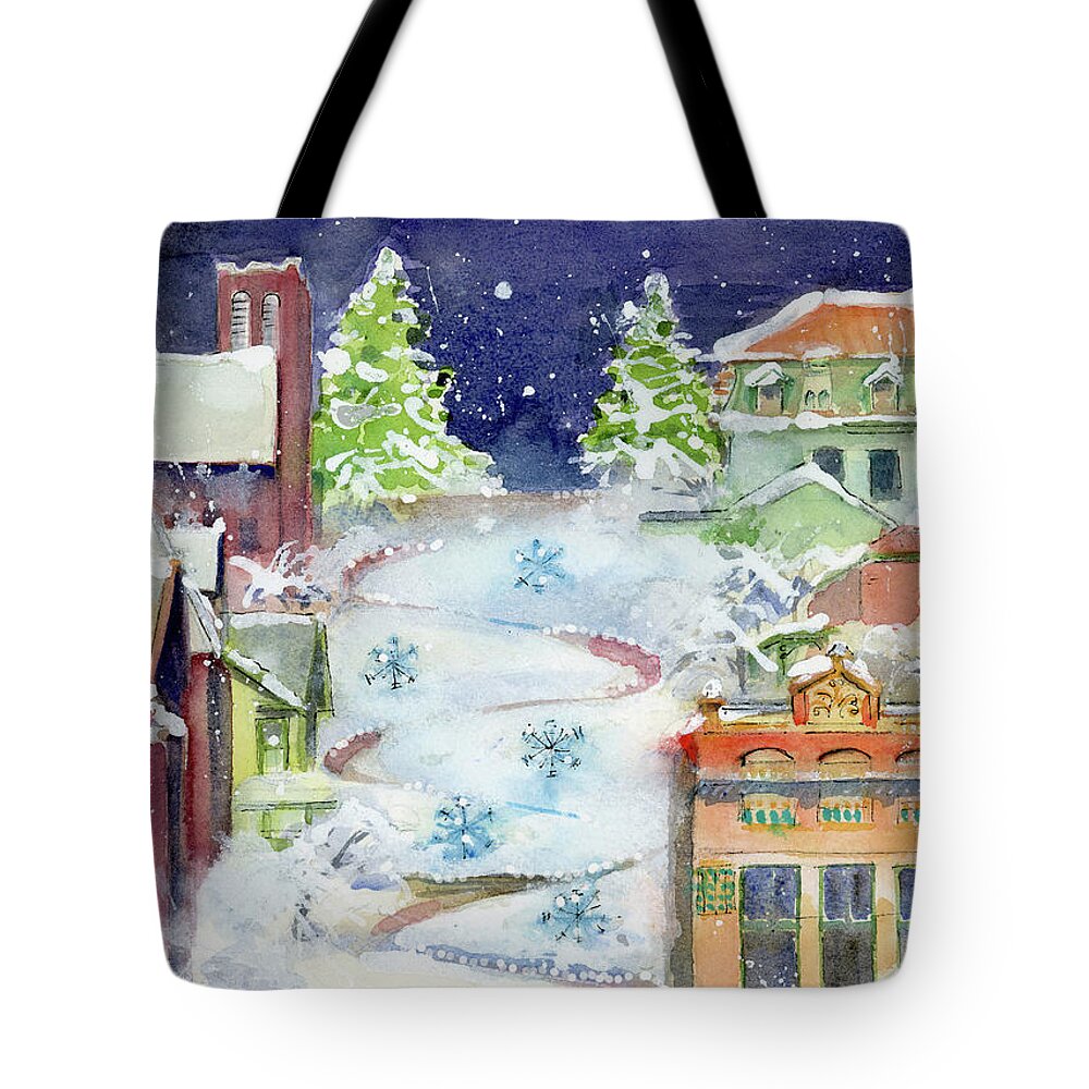 Snake Alley Tote Bag featuring the painting Snake Alley of Burlington Iowa with a dusting of snow by Rebecca Matthews