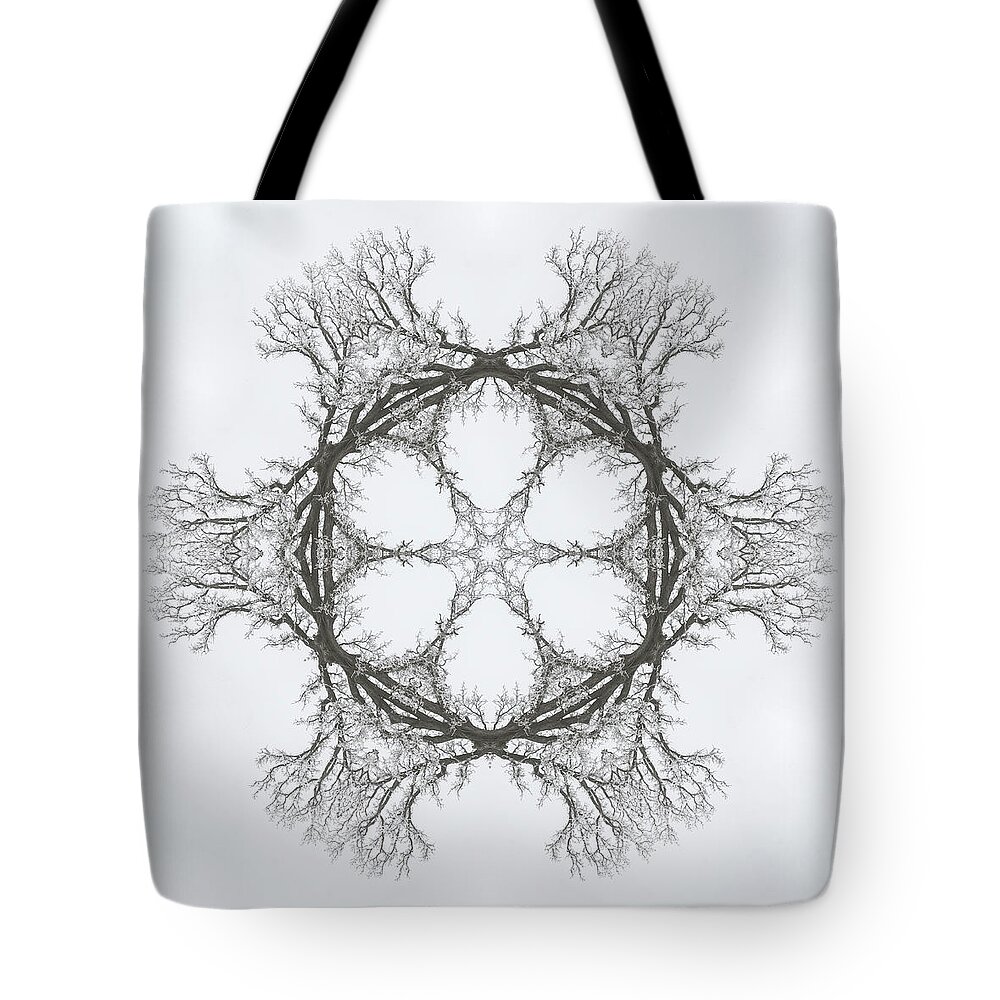 Oak Tote Bag featuring the photograph SnOAKflake - Snow covered oak tree in winter as through kaleidoscope by Peter Herman