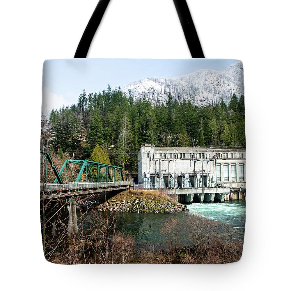 Snow Above Gorge Powerhouse Tote Bag featuring the photograph Snow Above Gorge Powerhouse by Tom Cochran