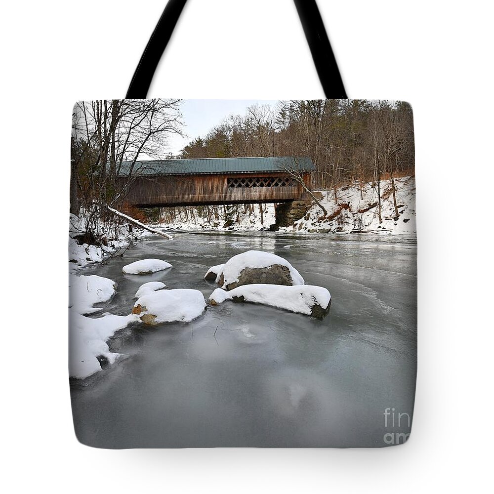 Snow Tote Bag featuring the photograph Snow and Ice Under the Bridge by Steve Brown