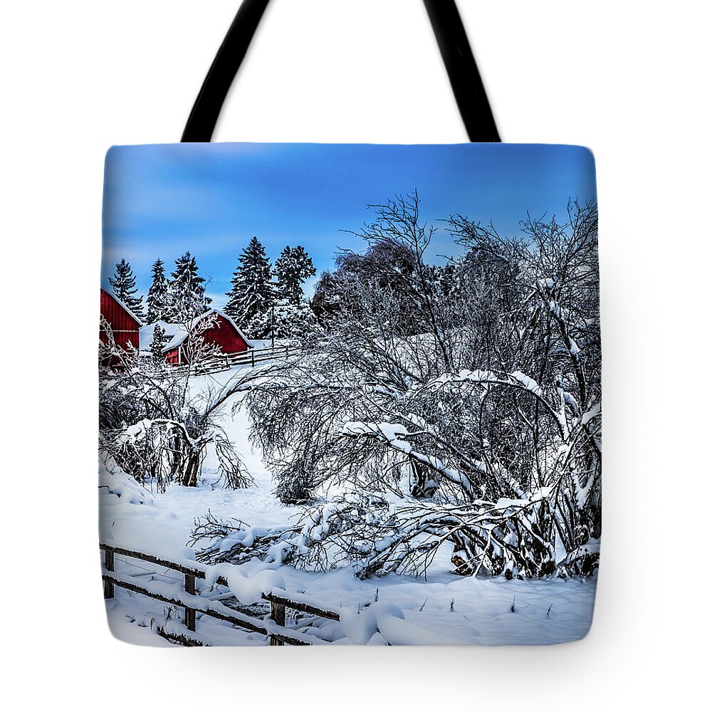 Snow At The Farm Tote Bag featuring the photograph Snow at the Farm by David Patterson