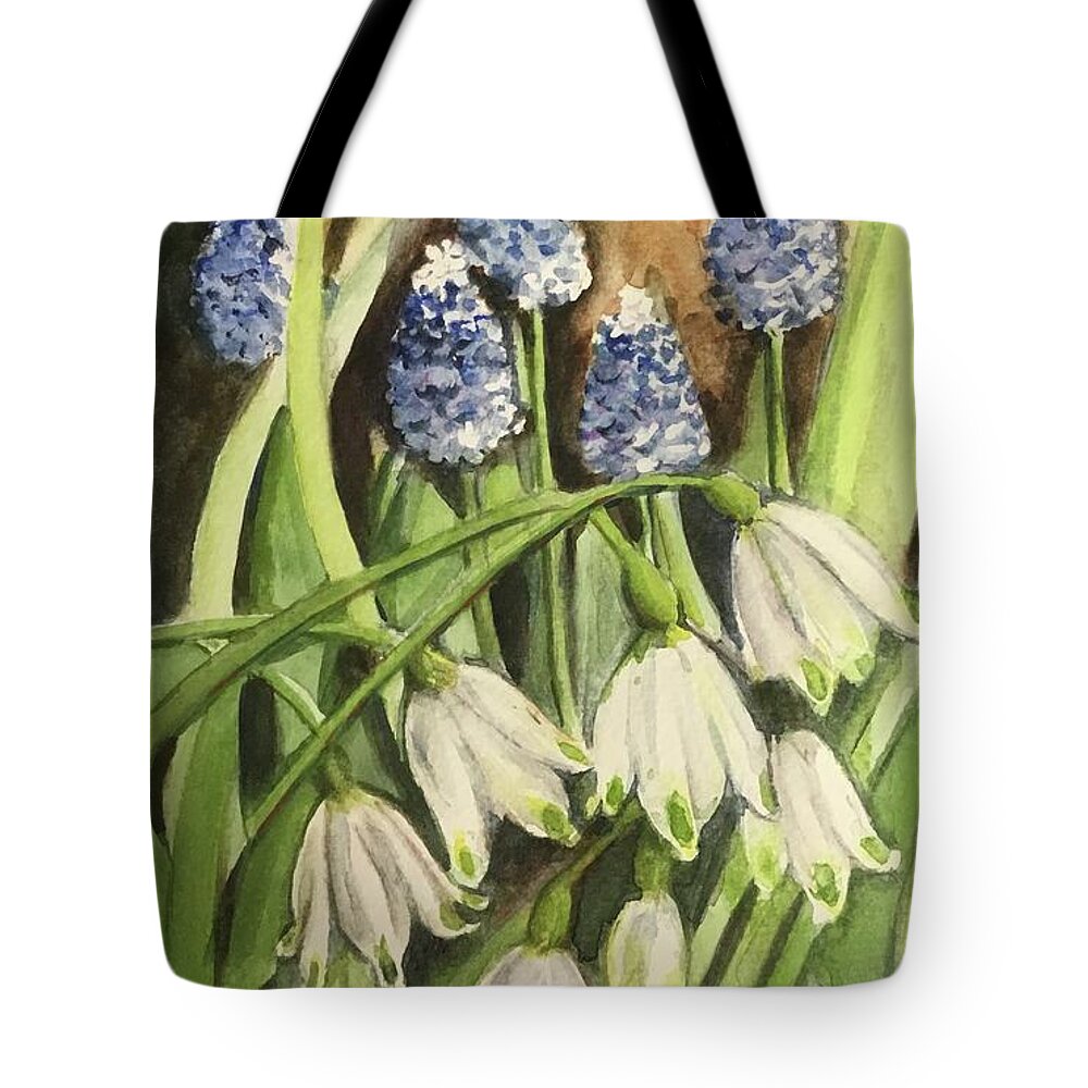 Spring Tote Bag featuring the painting Snow bells and blue bells by Sonia Mocnik