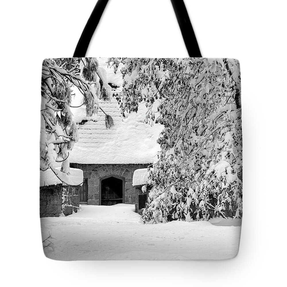 Yosemite Valley Chapel Tote Bag featuring the photograph Snow-covered landscape in Yosemite by Alessandra RC