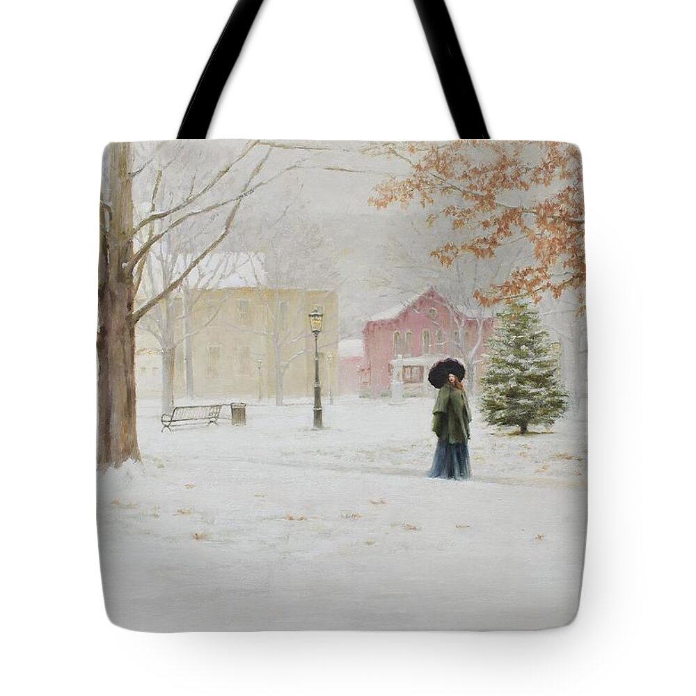 Winter Tote Bag featuring the painting Snow Day on the Green by Bibi Snelderwaard Brion