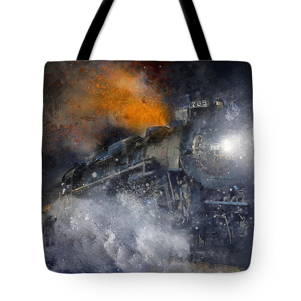 Steam Locomotive Tote Bag featuring the painting Grabbing His Train Orders - Snow Fire and Steam by Glenn Galen