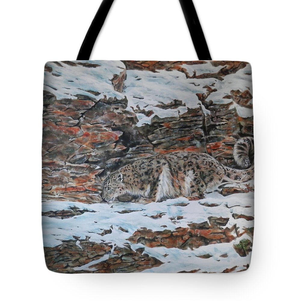 Leopard Tote Bag featuring the painting Snow Leopard by John Neeve