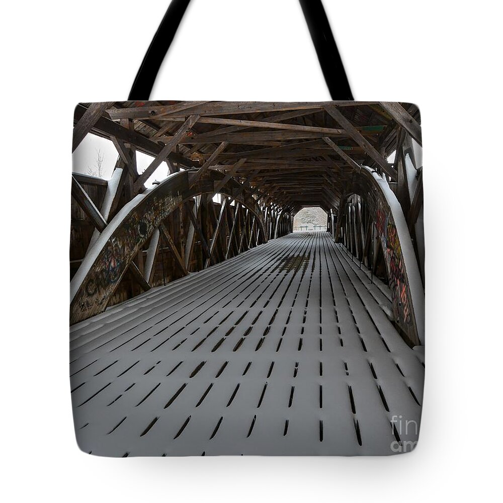 Porter - Parsonsfield Covered Bridge Tote Bag featuring the photograph Snow on the Covered Bridge by Steve Brown
