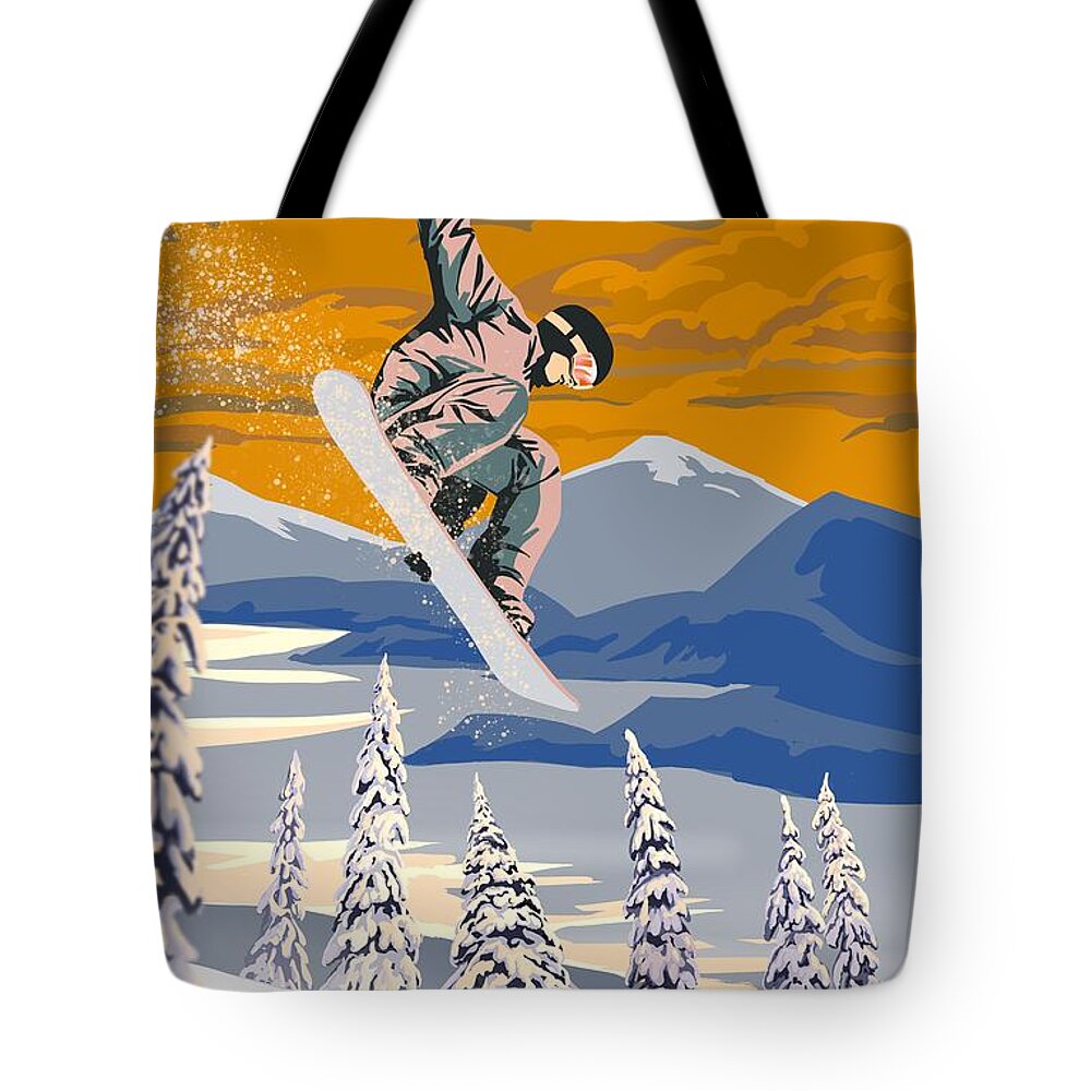 Snowboard Tote Bag featuring the painting Snowboarder Air by Sassan Filsoof