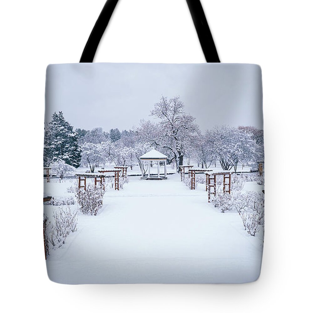 Allentown Tote Bag featuring the photograph Snowfall on the Allentown Rose Gardens by Jason Fink