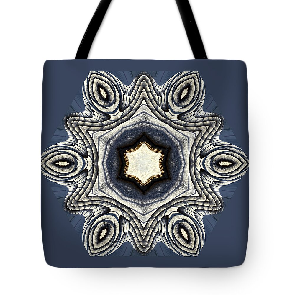  Tote Bag featuring the photograph Snowflake Mandala - snow and shadows on decking planks - mirrored creation by Peter Herman