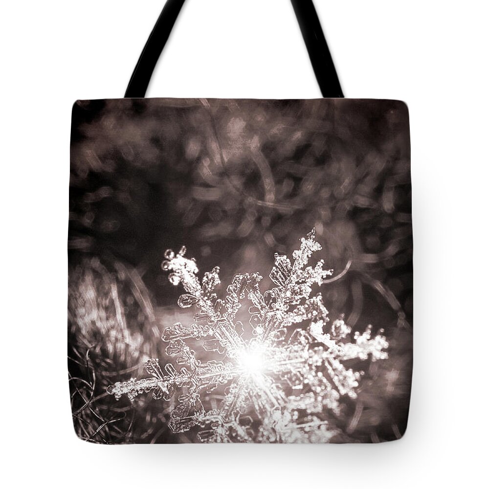 Snowflake; Ice; Shine; Macro; Simple; Monochrome; Tote Bag featuring the photograph Snowflake Sparkle by Tina Uihlein