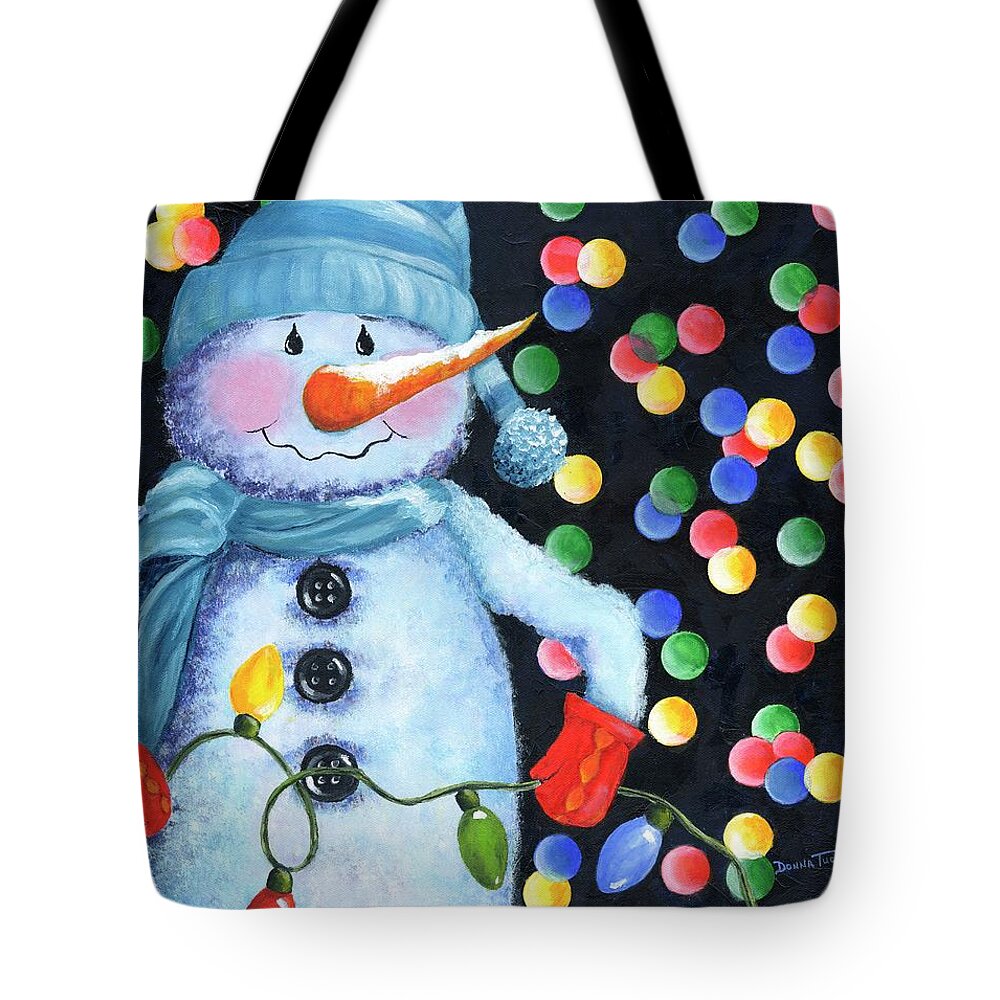 Snowman Tote Bag featuring the painting Snowie with Twinkling Lights by Donna Tucker