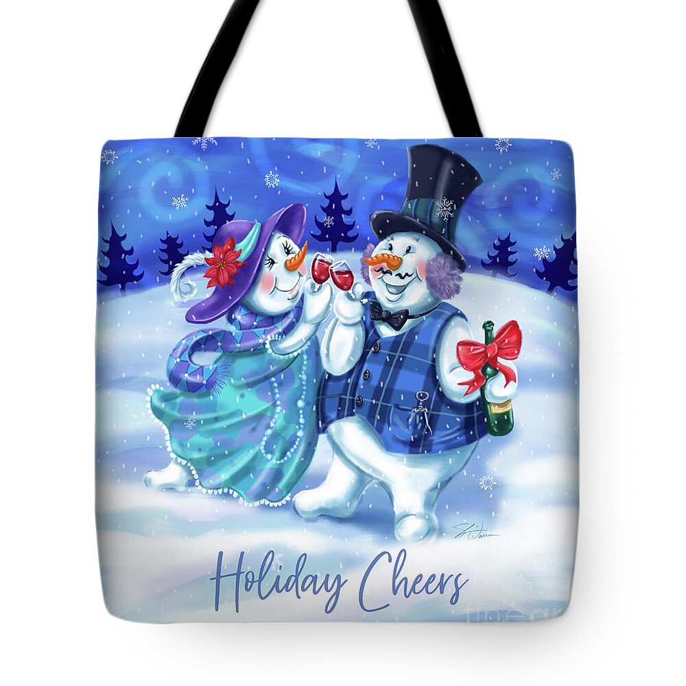 Snowman Tote Bag featuring the mixed media Snowman Holiday Cheers by Shari Warren