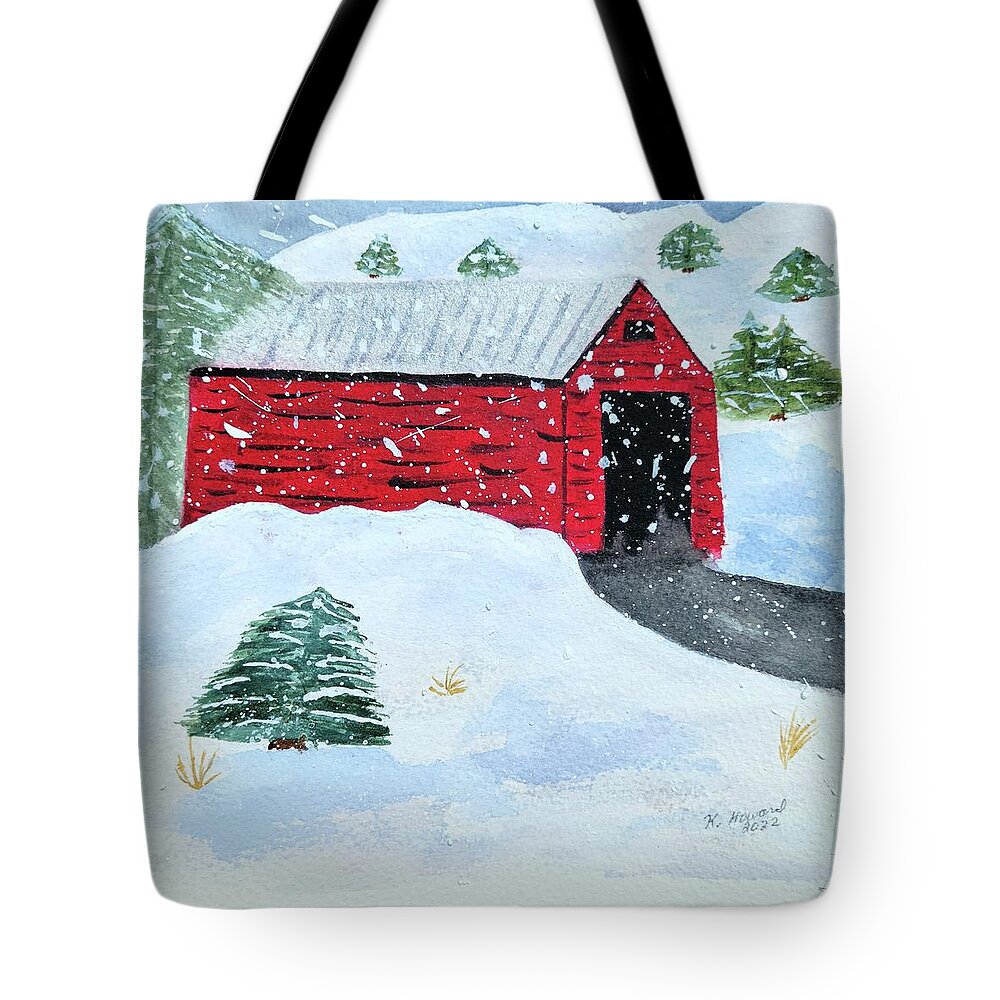 Snow Tote Bag featuring the painting Snowy Barn by Shady Lane Studios-Karen Howard