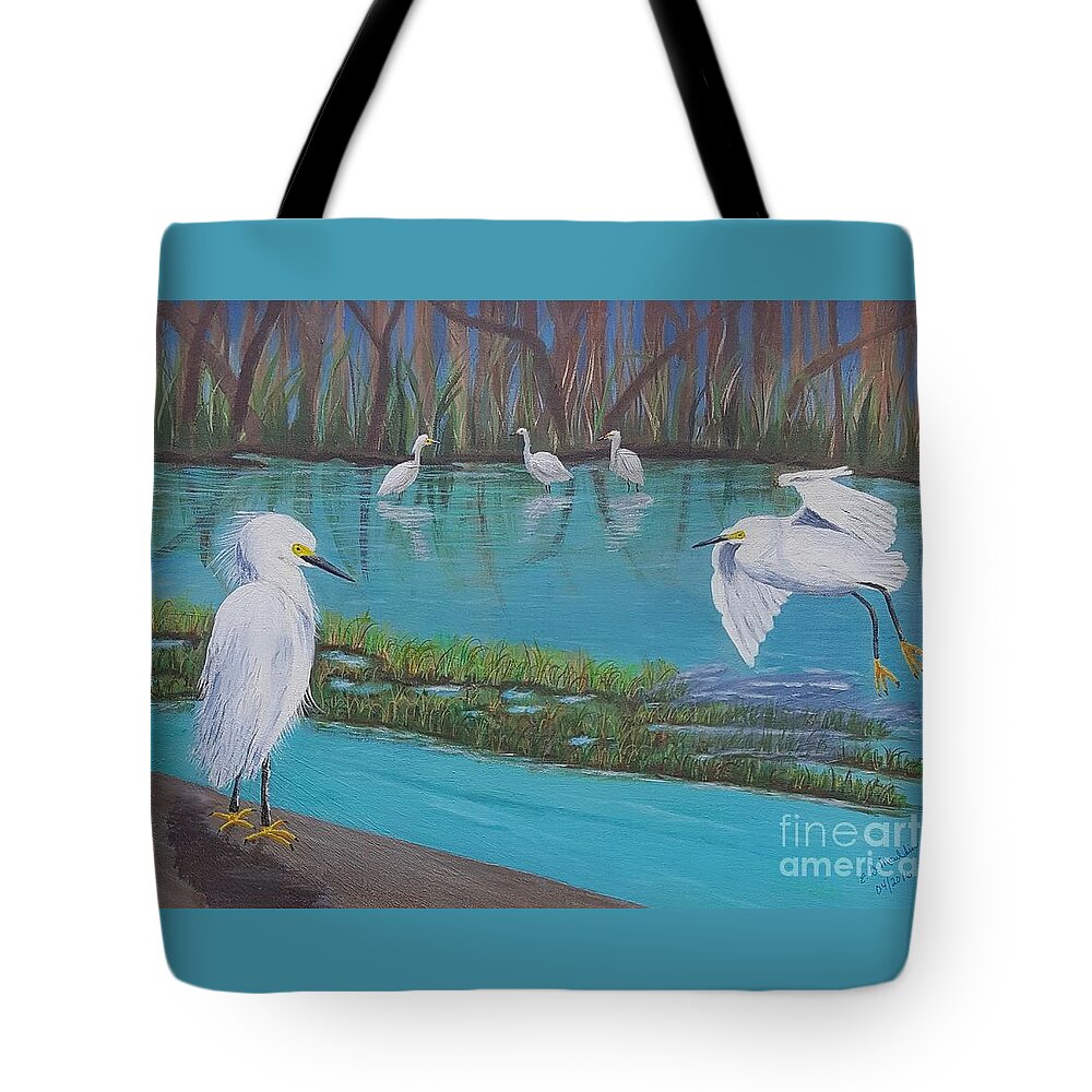 Snowy Tote Bag featuring the painting Snowy Egrets by Elizabeth Mauldin