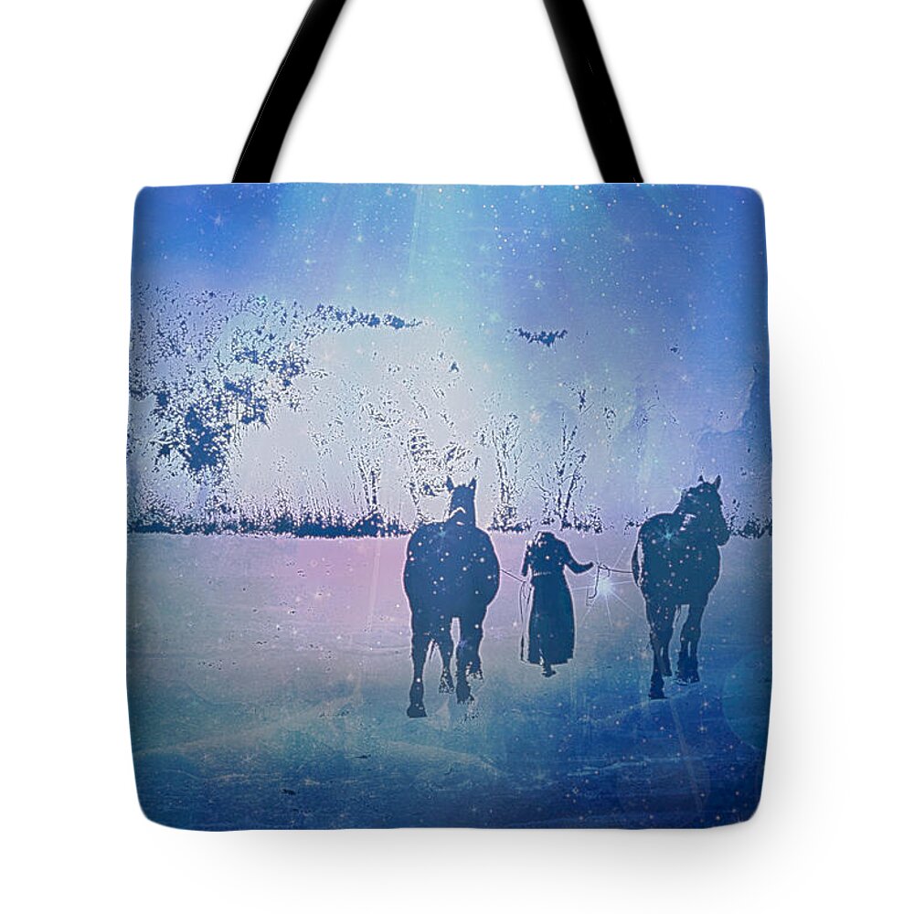 Snow Scene Tote Bag featuring the mixed media Snowy Evening by Anastasia Savage Ealy