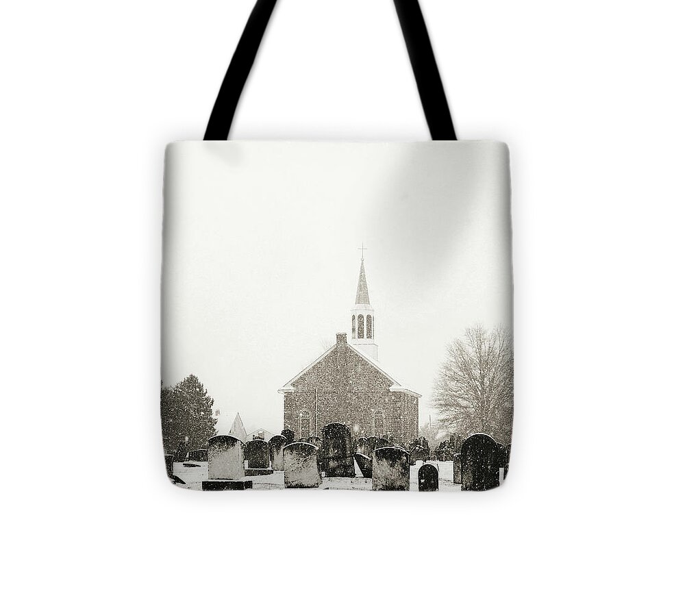 Snowy Graveyard Tote Bag featuring the photograph Snowy Graveyard by Dark Whimsy