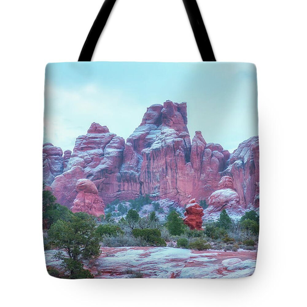 Landscape Tote Bag featuring the photograph Snowy morning at Arches by Marc Crumpler