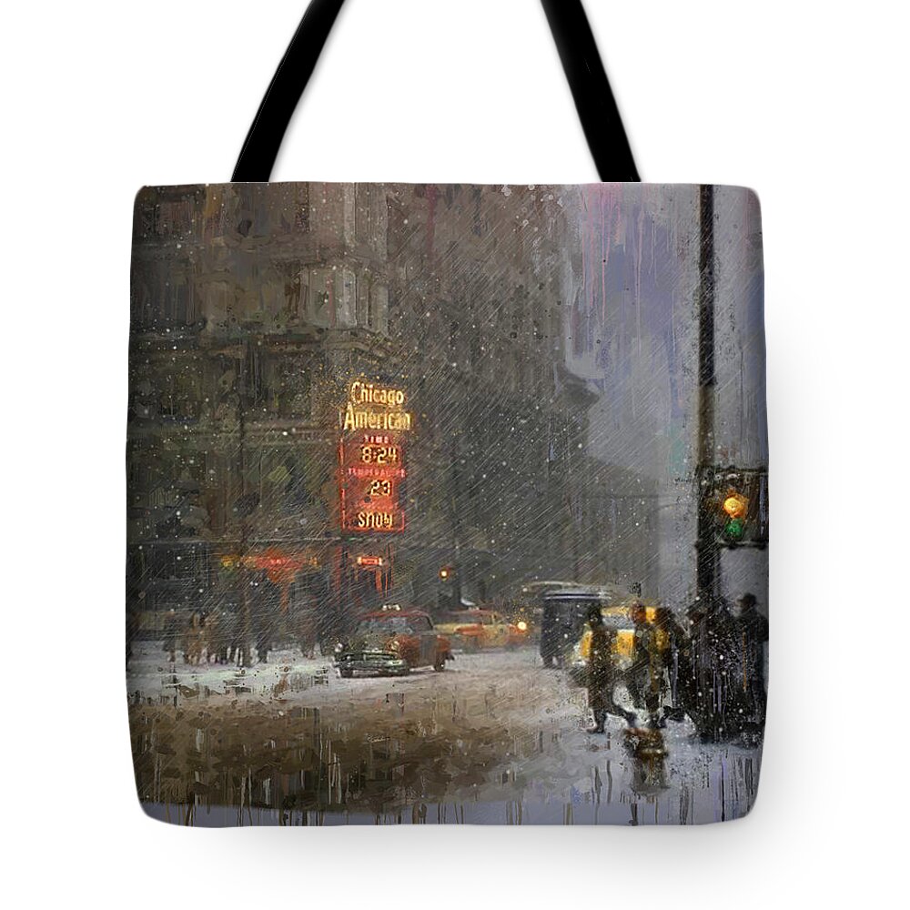 Chicago Tote Bag featuring the mixed media Snowy Morning - Chicago American 1952 by Glenn Galen