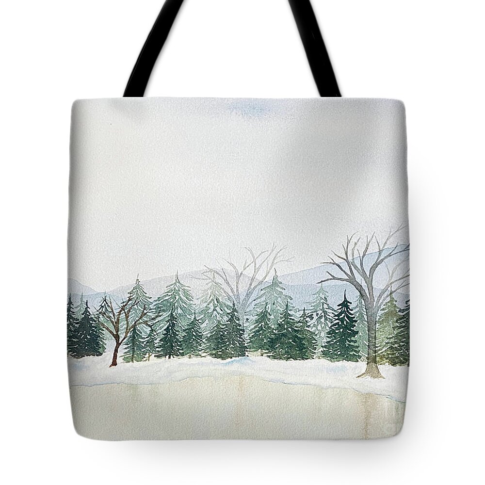 Snow Tote Bag featuring the painting Snowy Mountain Lake by Lisa Neuman