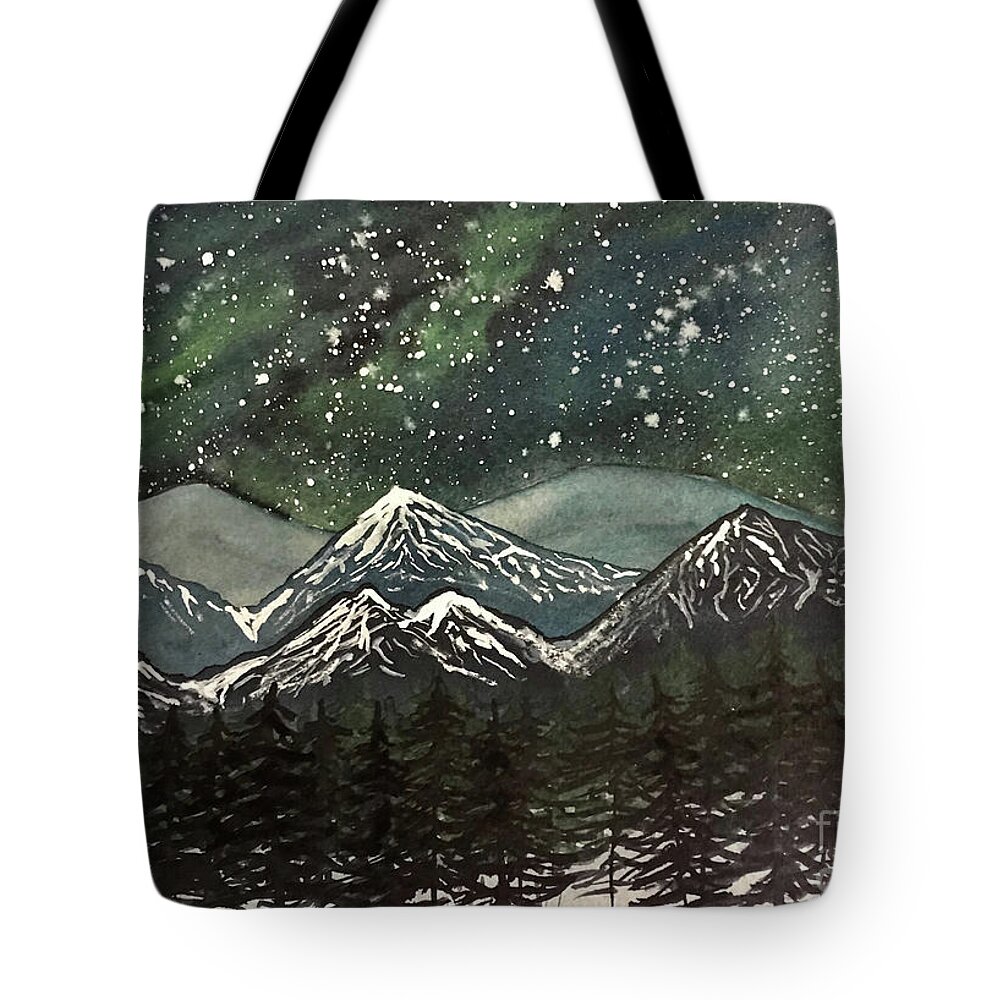 Snowy Mountains Tote Bag featuring the painting Snowy Mountains with Aurora by Lisa Neuman